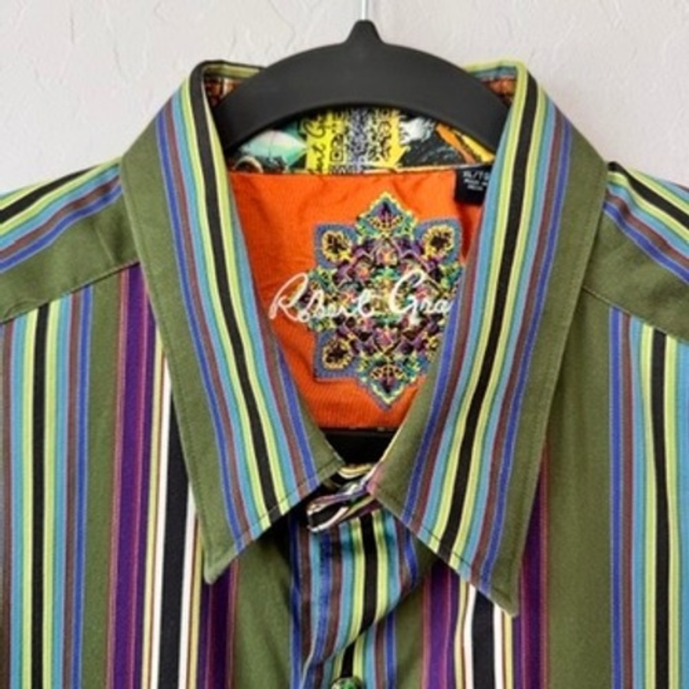Robert Graham Mens XLarge Long Sleeve Button Up Shirt Green Colorful Stripes - Picture 5 of 11